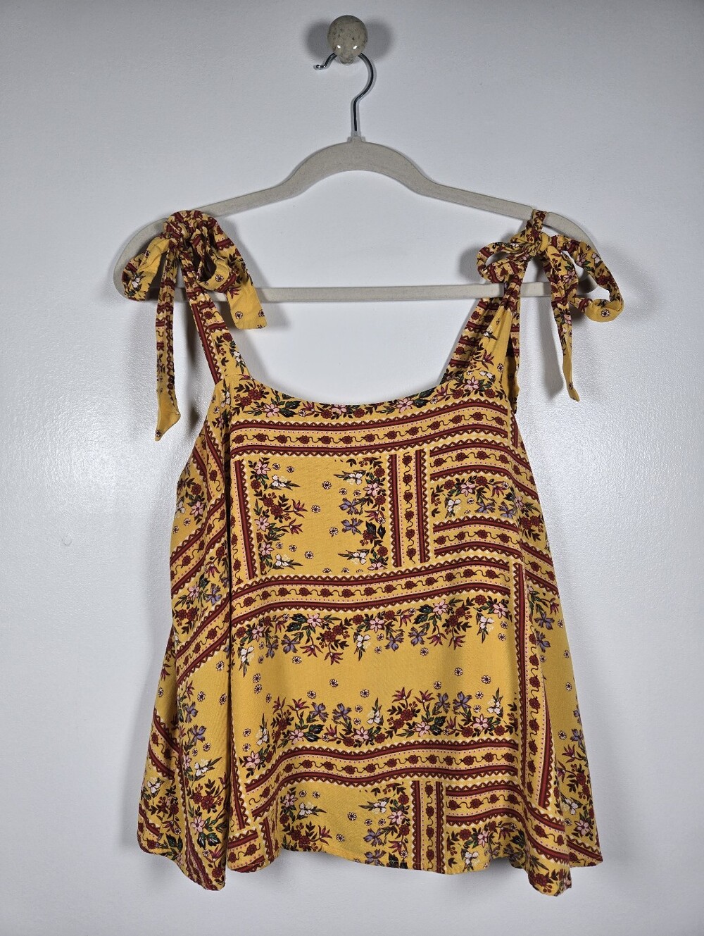 Gilli Boho Floral Ribbon Print Tie Strap Babydoll Tank Top Size Medium
